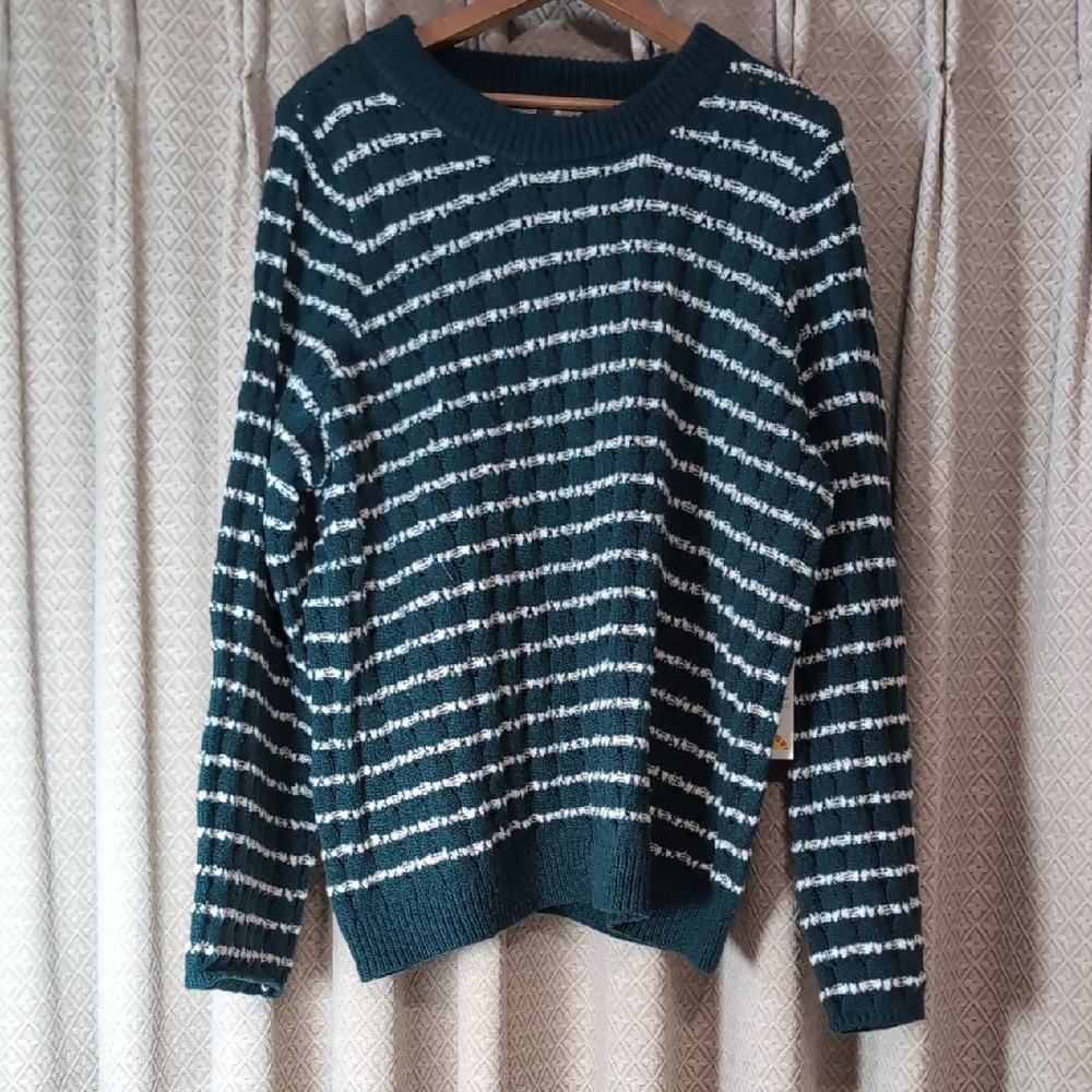 NWT Women's Size 2X C&C California Green & White Stripped Textured Sweater